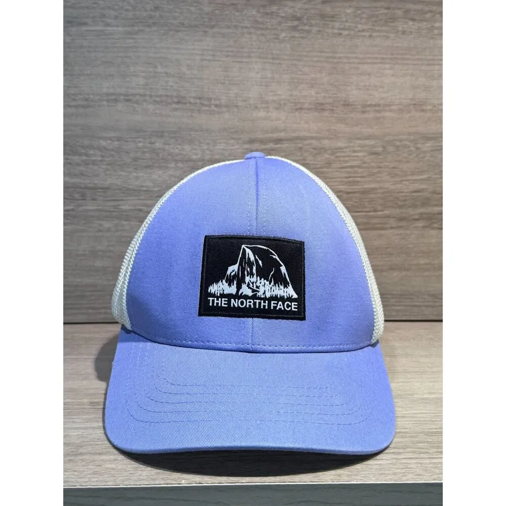 The North Face Trucker Hat Purple White Mesh FlexFit Stretch Cap Mountain Patch